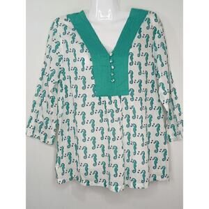 Haute Latitude Teal Seahorse Print V-Neck Cotton‎ Blouse Small NWT